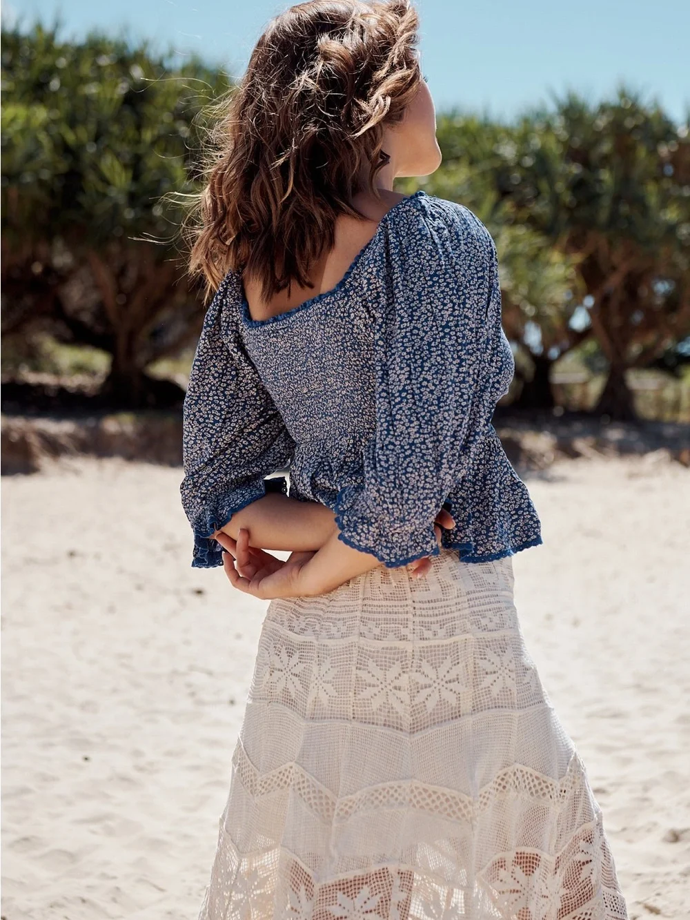 Free People Boho Babydoll Top XS Smocked Sweetheart Lace Puff Sleeve NWOT